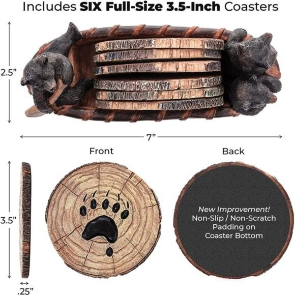 Bear Coasters Set – 6 Full Size Rustic Coasters in Handmade Canoe with Adorable - Picture 2 of 6